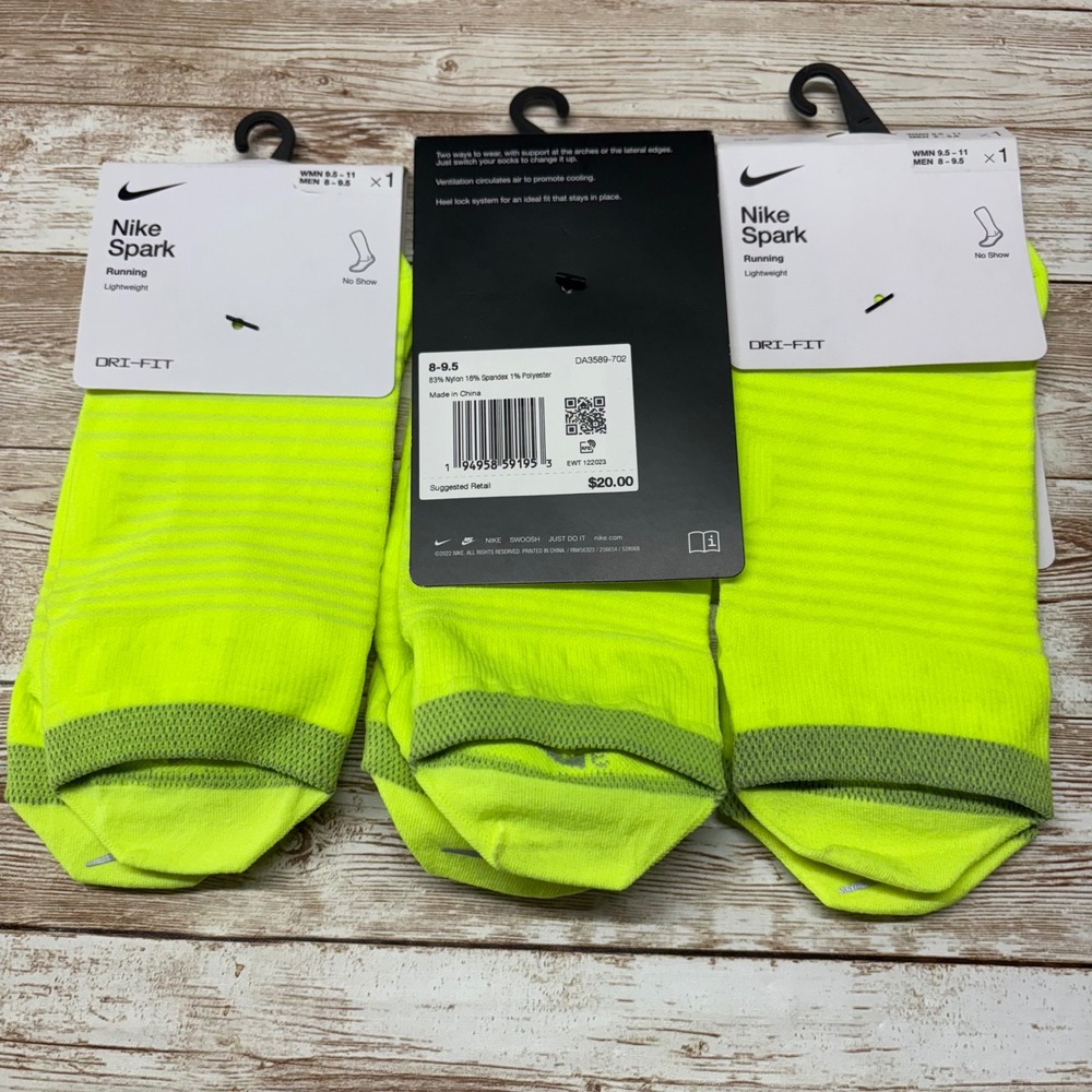 3 Pair Nike Spark Running Socks Unisex 8-9.5 Neon Yellow Lightweight No Show